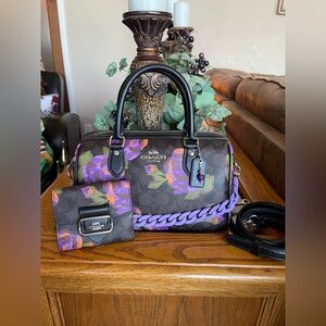 Coach Black and Purple Floral Satchel Set